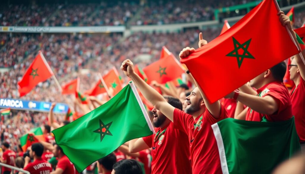 جماهير مغربية تشجع منتخب المغرب في كأس العالم مع أعلام المغرب جماهير مغربية تشجع منتخب المغرب في كأس العالم مع أعلام المغرب