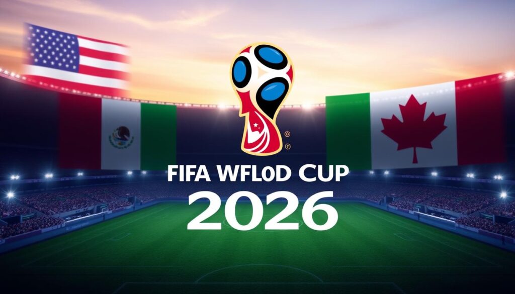 دليلك الشامل للحصول على تذاكر كأس العالم 2026 1 شعار كأس العالم 2026 مع خلفية ملاعب الدول المضيفة: الولايات المتحدة والمكسيك وكندا