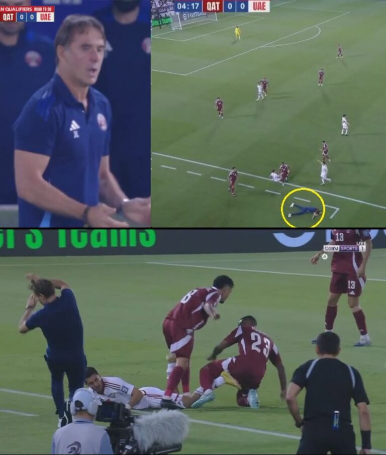 لوبيتيجي، مدرب منتخب قطر، يواجه صدمة مبكرة بعد ثلاث دقائق فقط من بداية ليلة التأهل إلى كأس العالم.