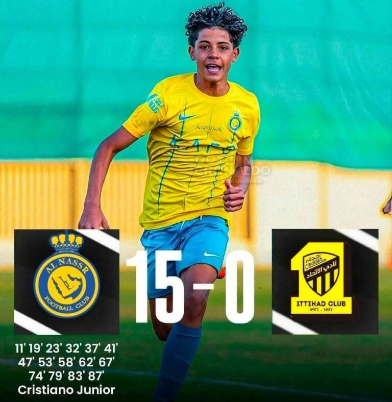 كريستيانو جونيور، نجل رونالدو، يحرز 15 هدفًا بمفرده لفريق النصر في مباراة واحدة.