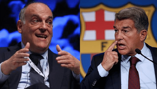 خوان لابورتا رئيس برشلونة وخافيير تيباس رئيس رابطة اللغيا