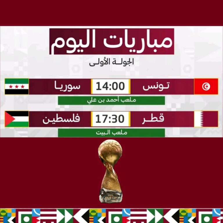 يوم العرب: مباريات افتتاح كأس العرب في قطر بتوقيت غرينتش.