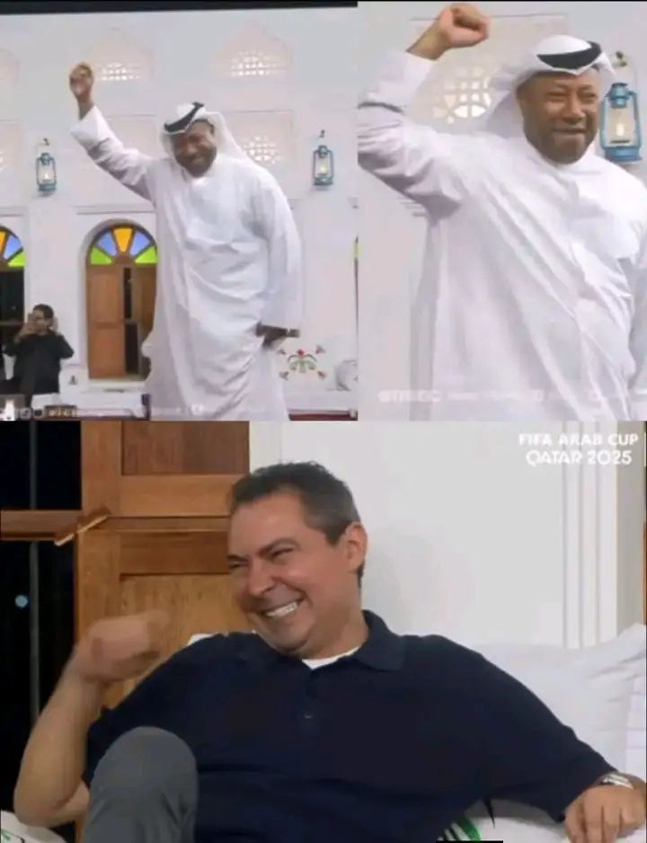 المحلل الإماراتي يرقص فرحًا داخل مجلس الكأس احتفالًا بتأهل الفريق بعد الفوز على الجزائر.