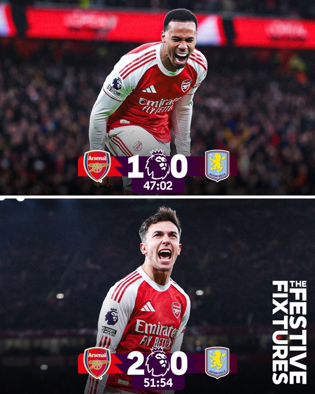 أرسنال يحقق فوزًا مميزًا على أستون فيلا بهدفين متتاليين.