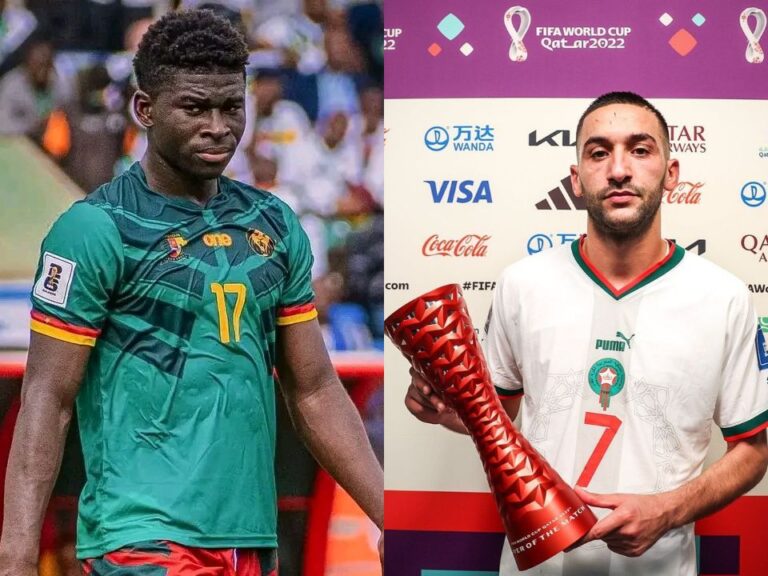 حكيم زياش يسجل آخر أهدافه في شباك المنتخب الكاميروني.