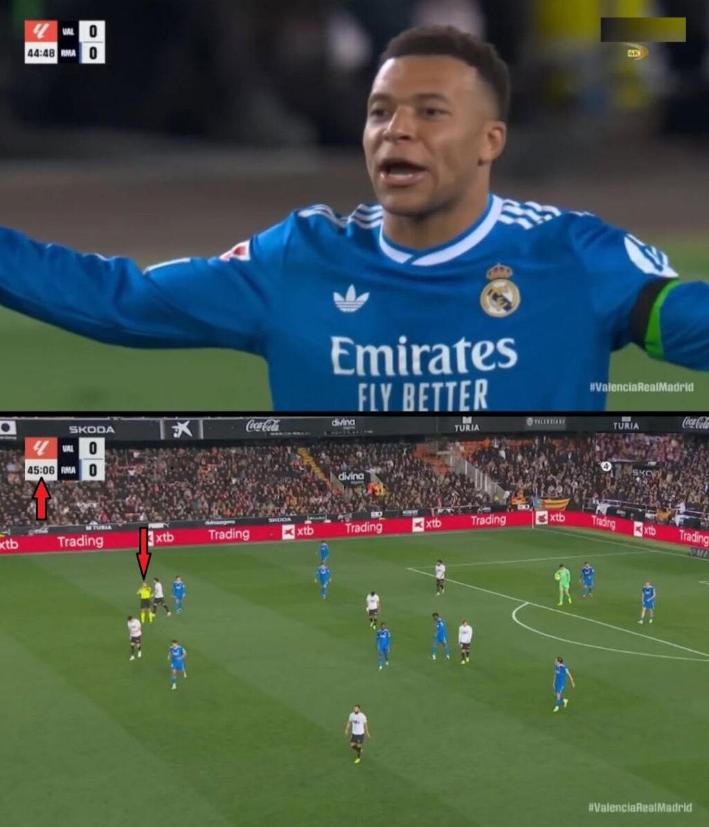 حكم مباراة فالنسيا ضد ريال مدريد يطلق صافرة نهاية الشوط الأول بعد ثانية من انتهاء 45 دقيقة.